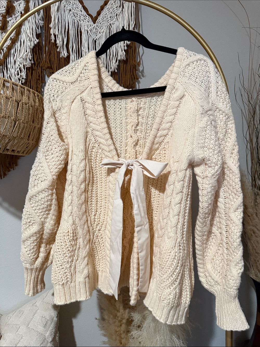Cream Cable-Knit Tie-Front Women's Sweater